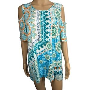 Chico's Cold Shoulder Aqua Top Shirt 2 Shirt Paisley